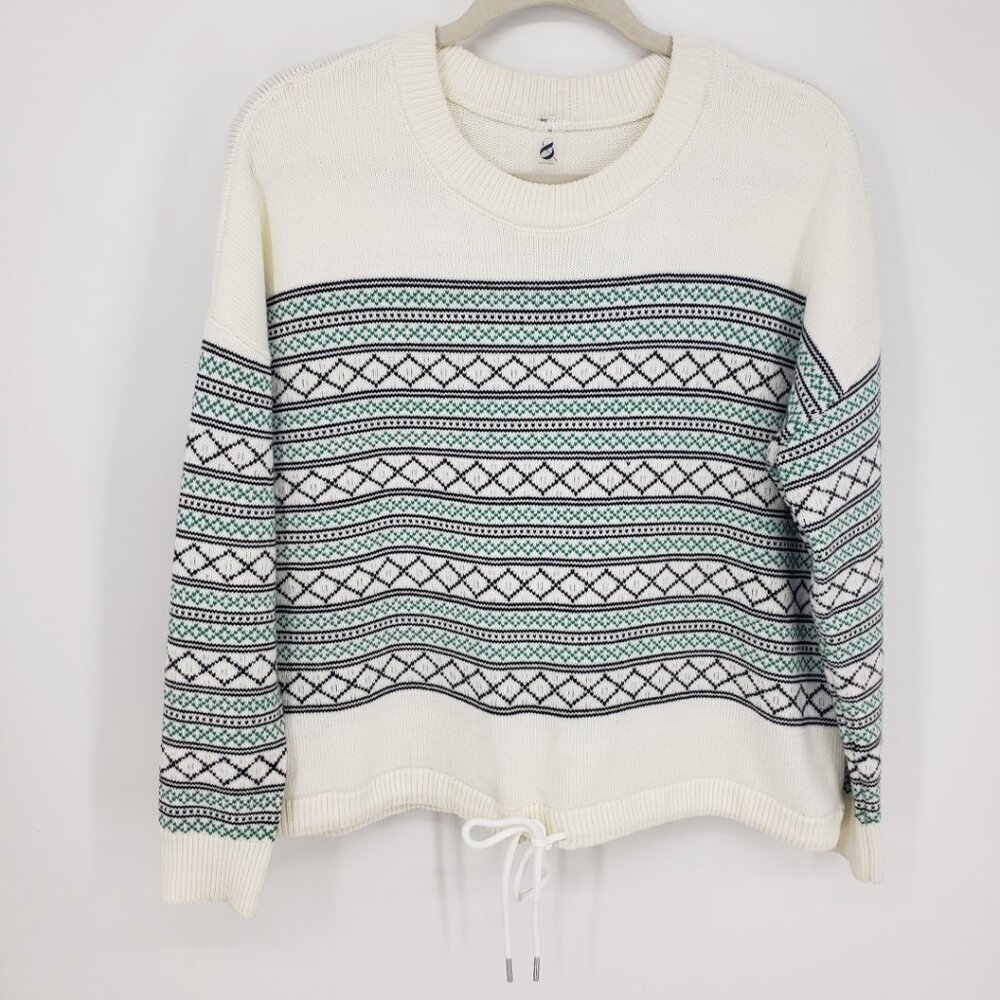 Lou & Grey Fair Isle Pullover Sweater M Relaxed Fit Crew Neck Cotton Cream Green